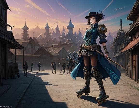 Steampunk Anime Woman in Kazakstan Village