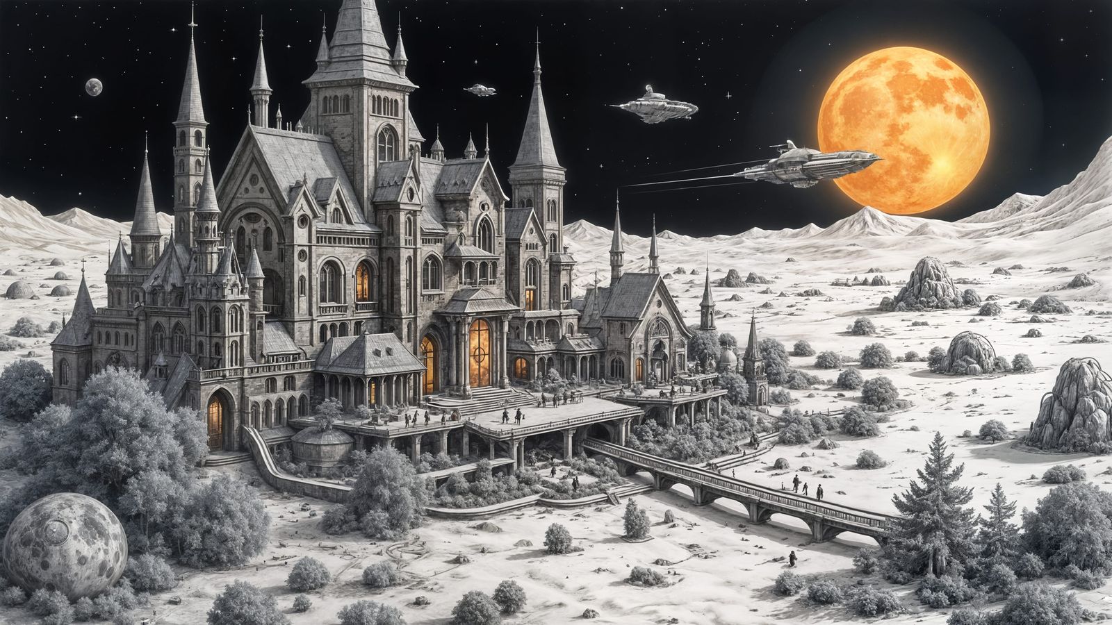 Surreal Black and White Steam Punk Village on the Moon