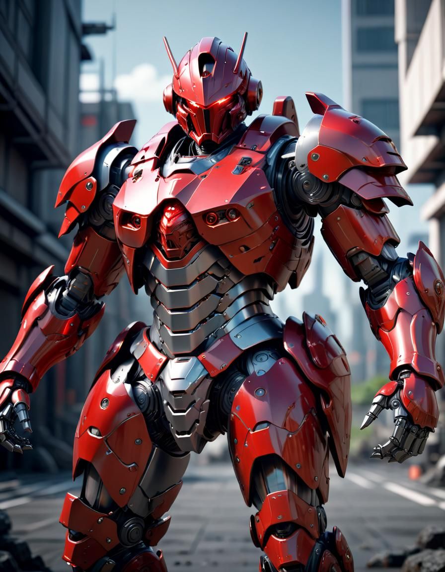 Anime Mecha Knight in Red Armor: Epic Action Portrait
