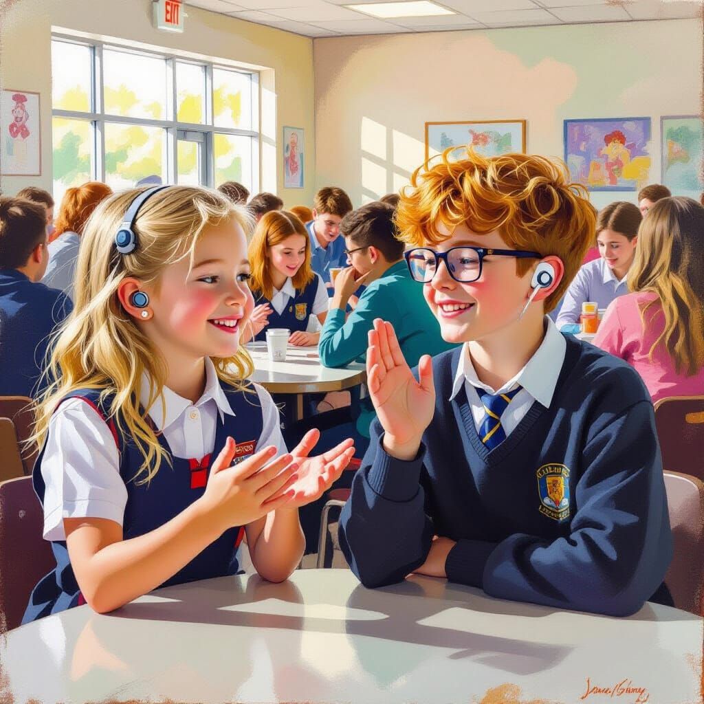 Children Communicate with Sign Language, Oil Painting