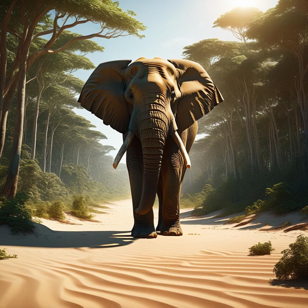 Elephant on Beach in Sunny Forest: Digital Matte Painting