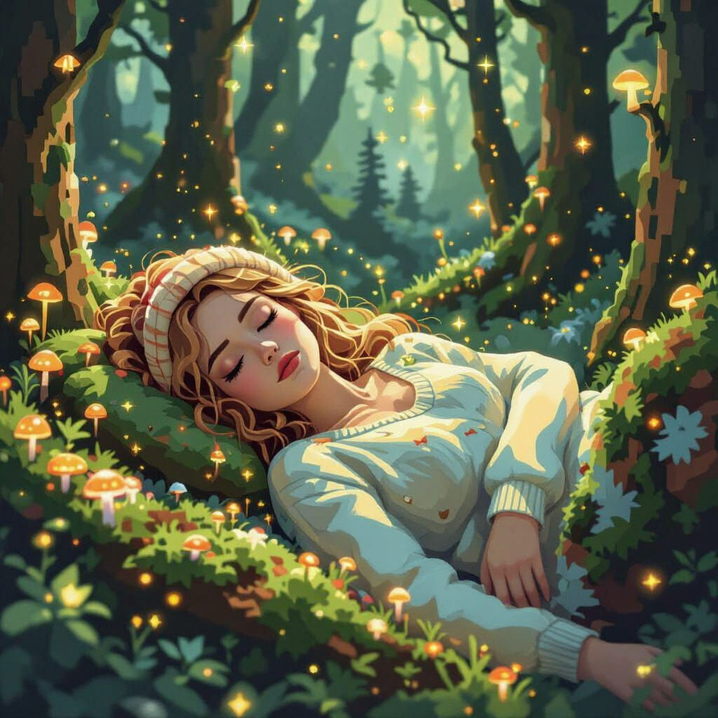 Sleeping Woman in Forest, Pixel Art Style