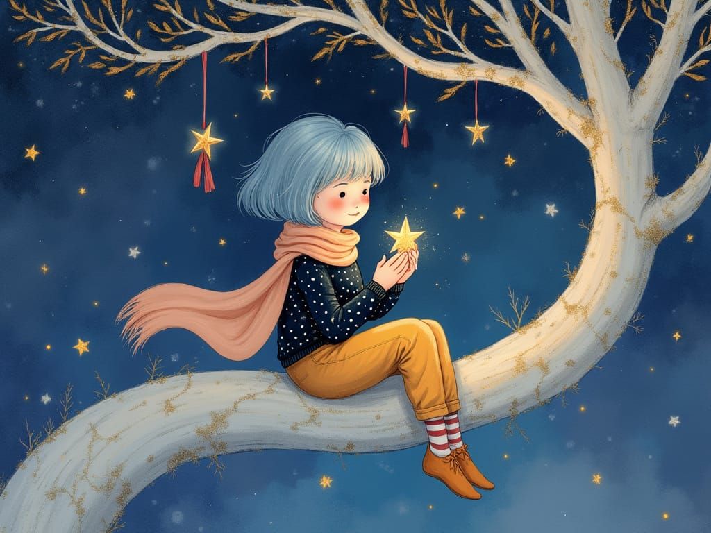 Whimsical Watercolor Illustration of a Young Girl in a Dream...