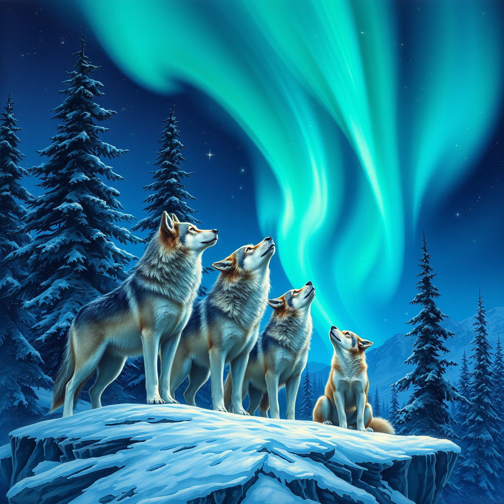 Wolf Family Gazing at Northern Lights