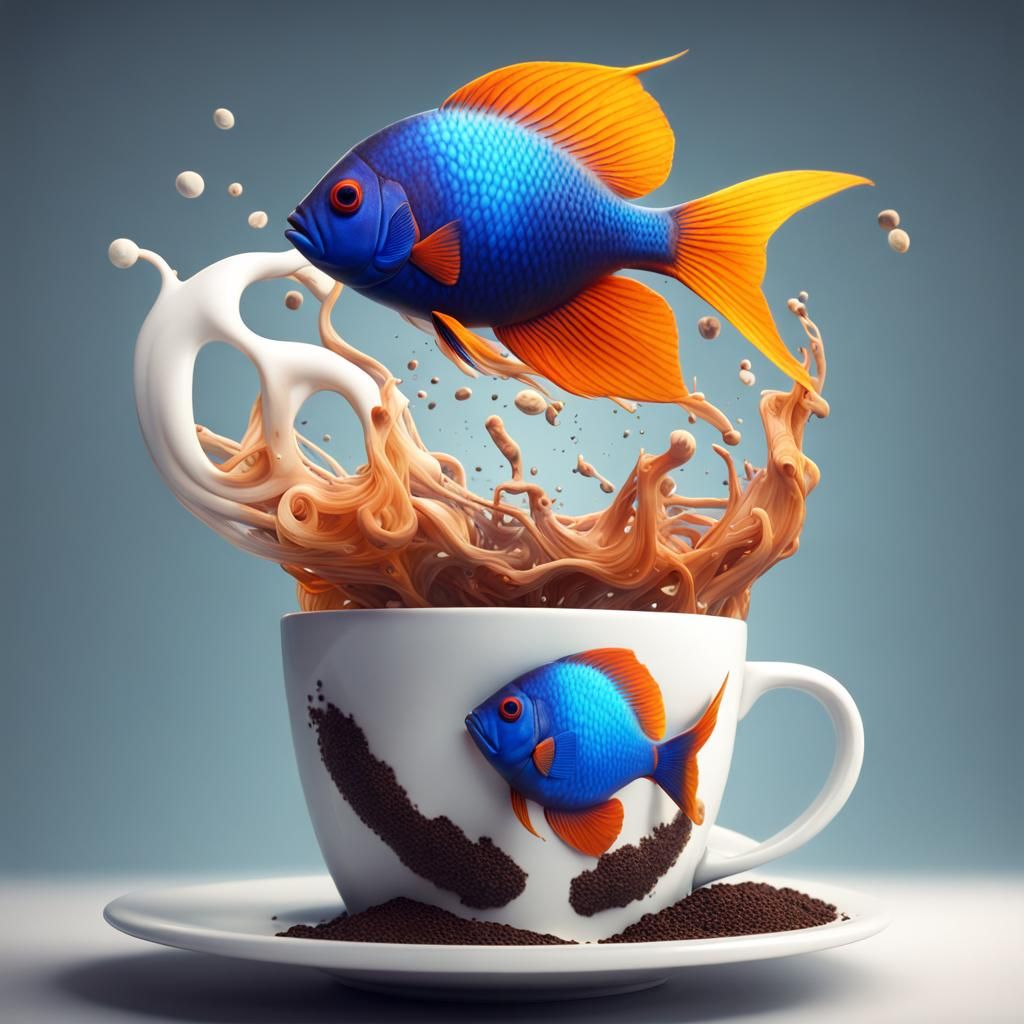 Tropical Fish Swim in Coffee Cup: Detailed Matte Painting