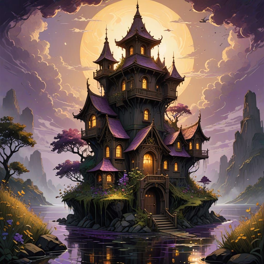 Floating Island Birdhouse: Dark Fantasy Concept Art