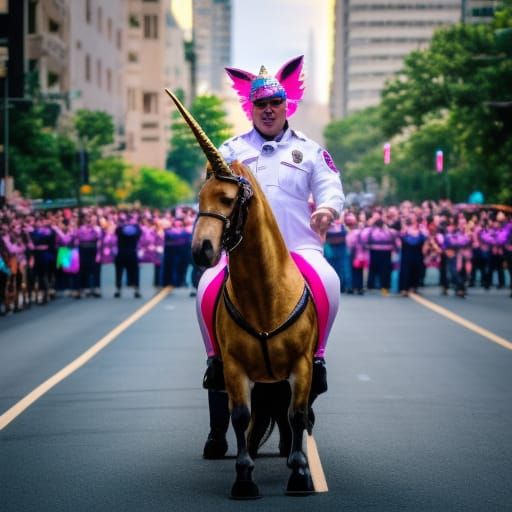 fat police officer riding a unicorn in a parade