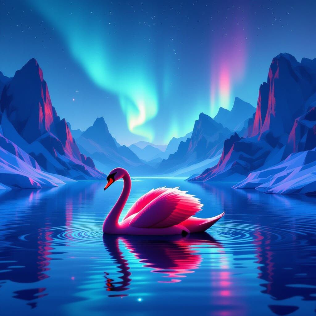 Radiant Red Swan on Neon Lake