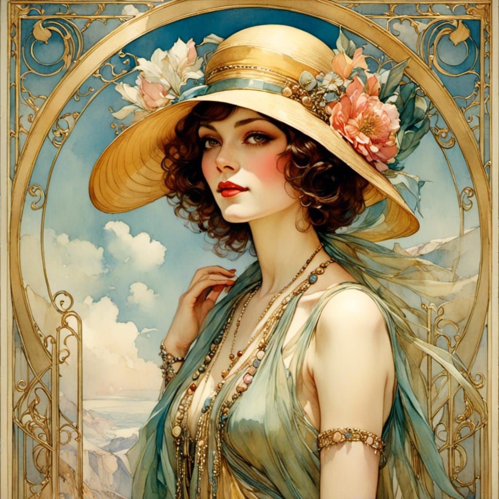 Girl Portrait with Art Deco Border