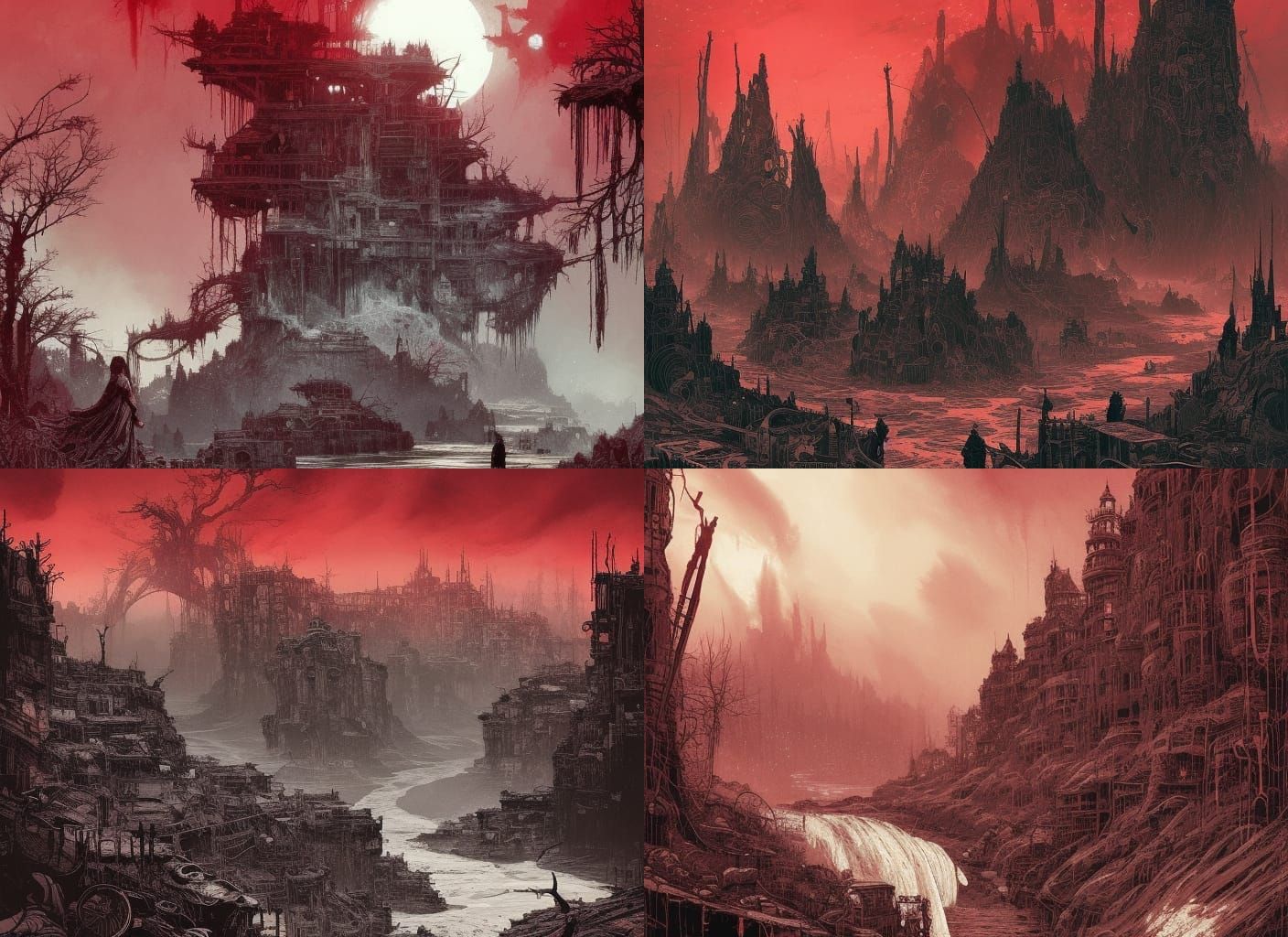 Apocalyptic Red Rivers: Dark Watercolor Masterpiece
