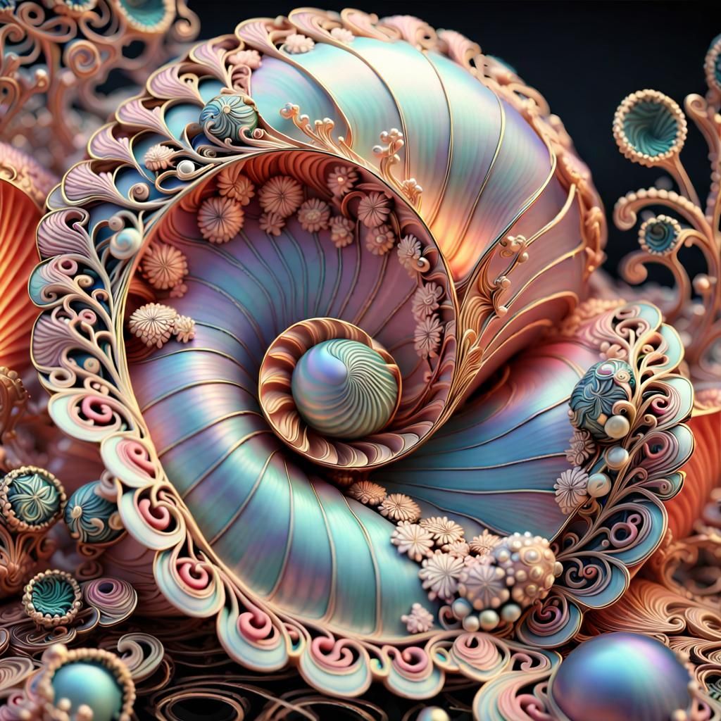 Intricate Coral Shell Fractal in Art Nouveau Style