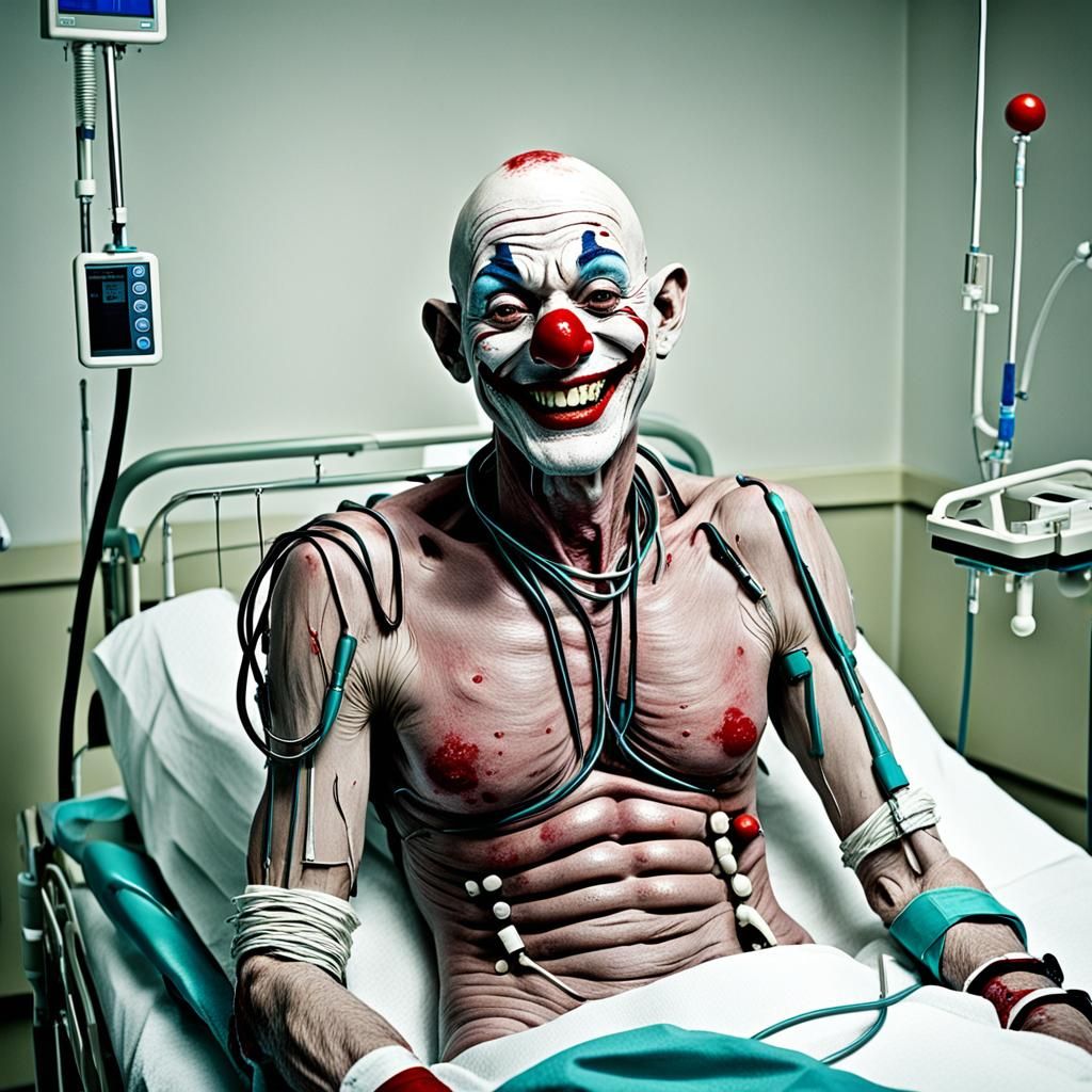 Smiling Hairless Clown in Hospital Bed