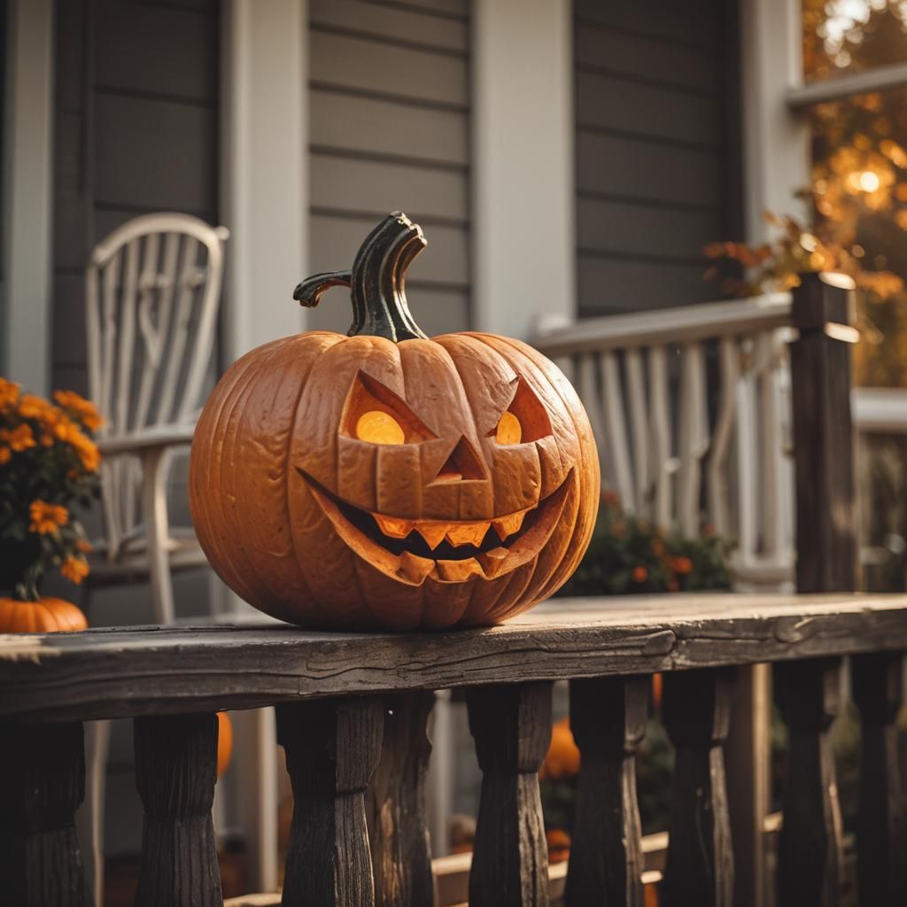 Spooky Jack-o'-Lantern on Porch Railing at Golden Hour