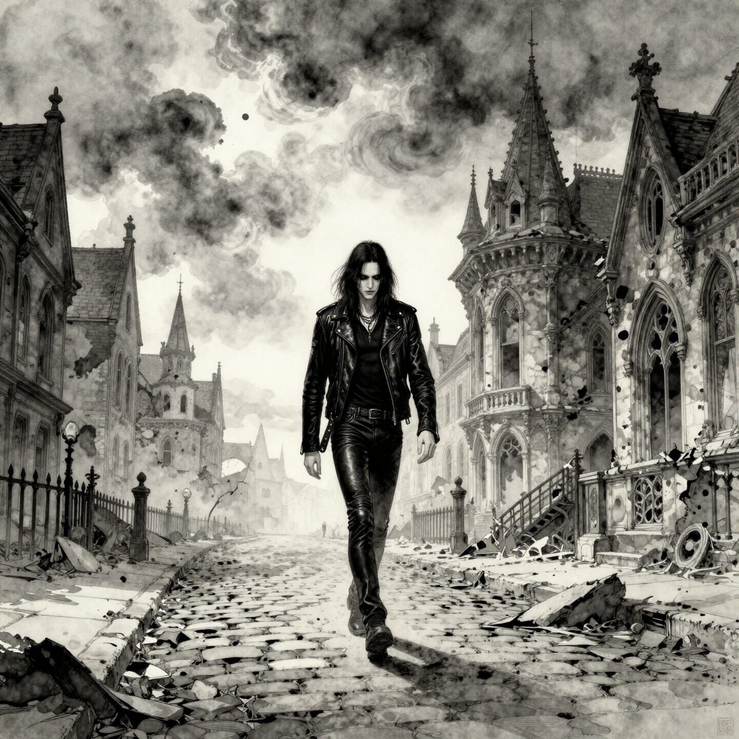 Goth Man Walks Through Crumbling Gothic City