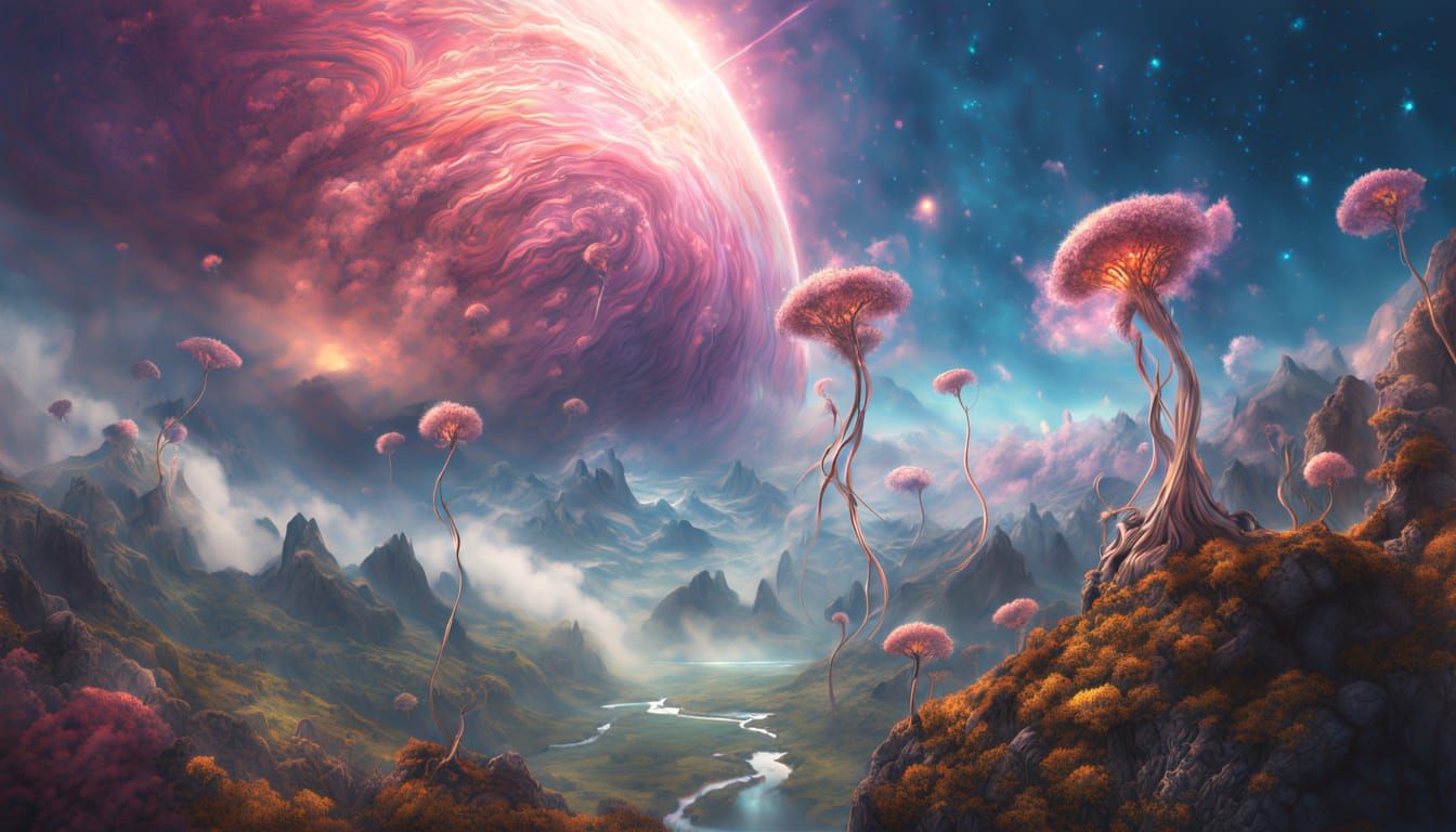 Epic Celestial Fantasy Landscape with Glowing Seeds and Tend...