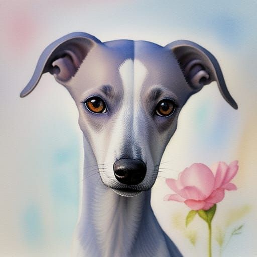 Watercolor Whippet Portrait in Warm Sunlight