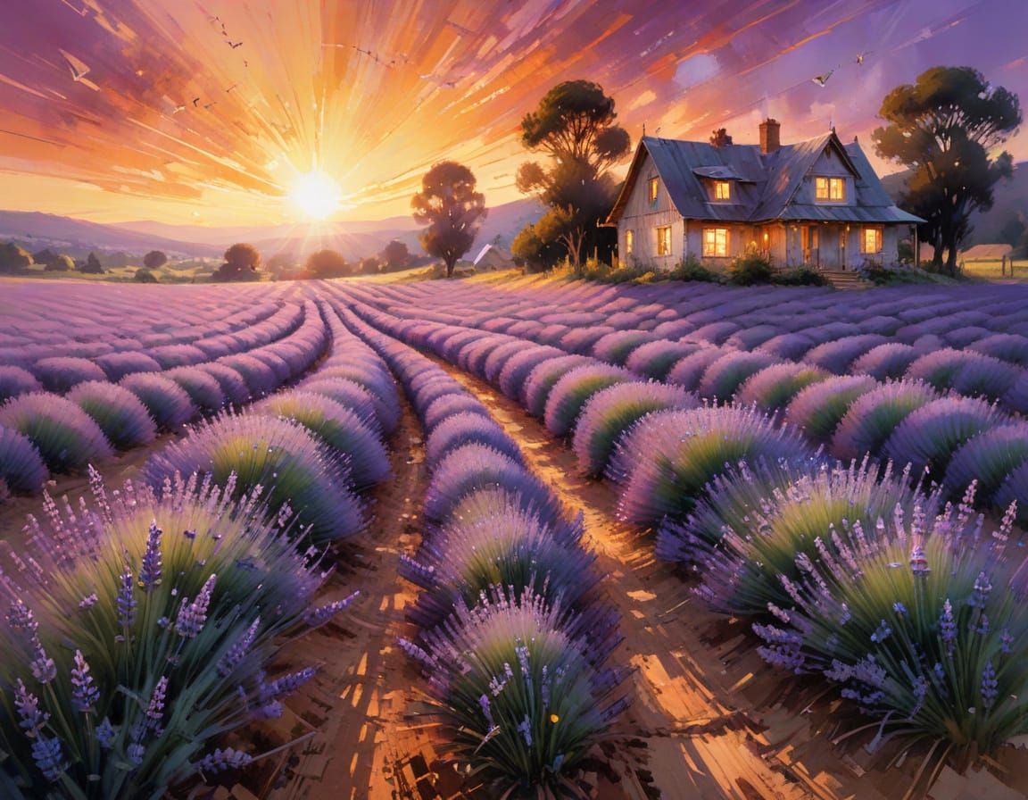Lavender Field in Summer, Watercolor Style