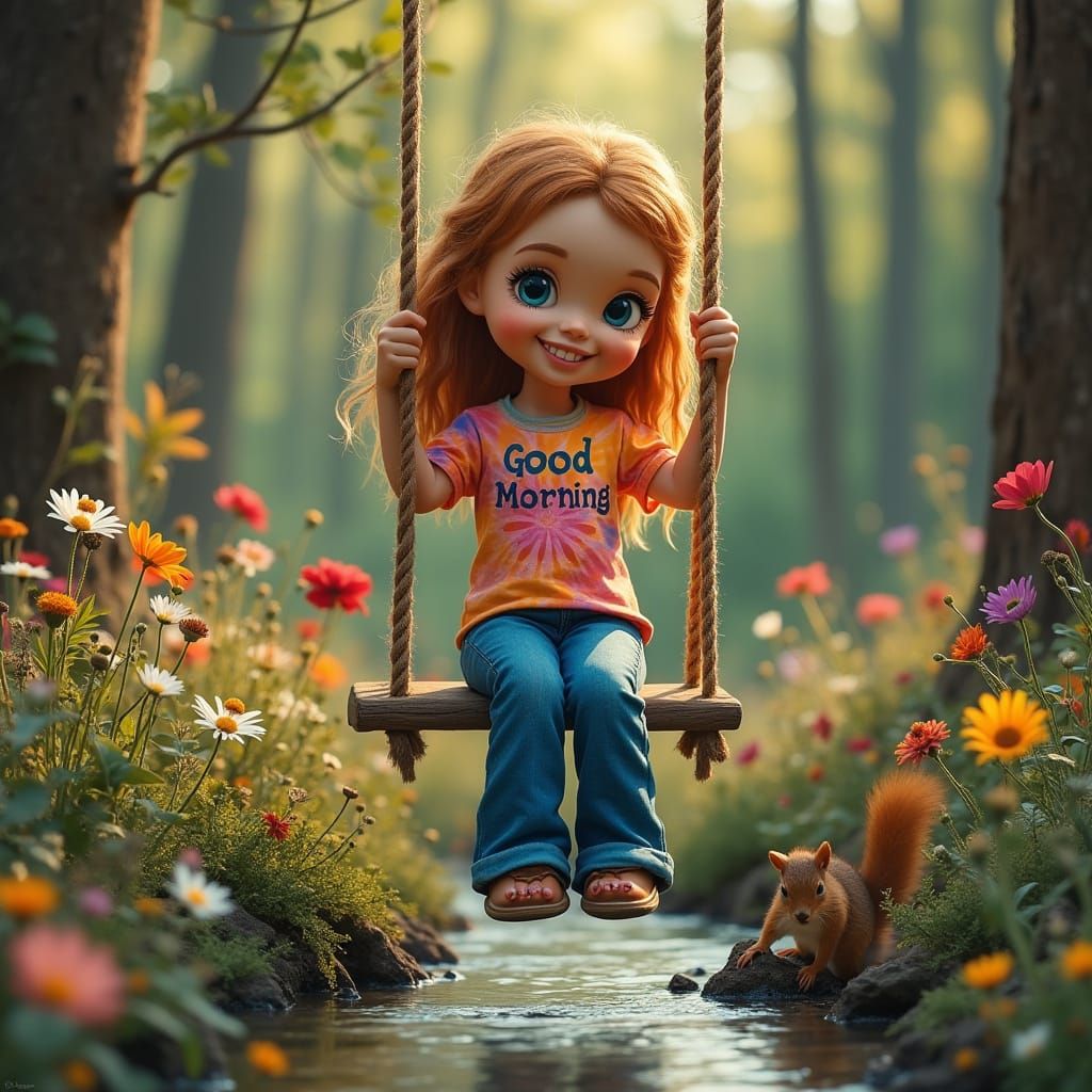 Hippie Girl on Swing with Flowers and Squirrel
