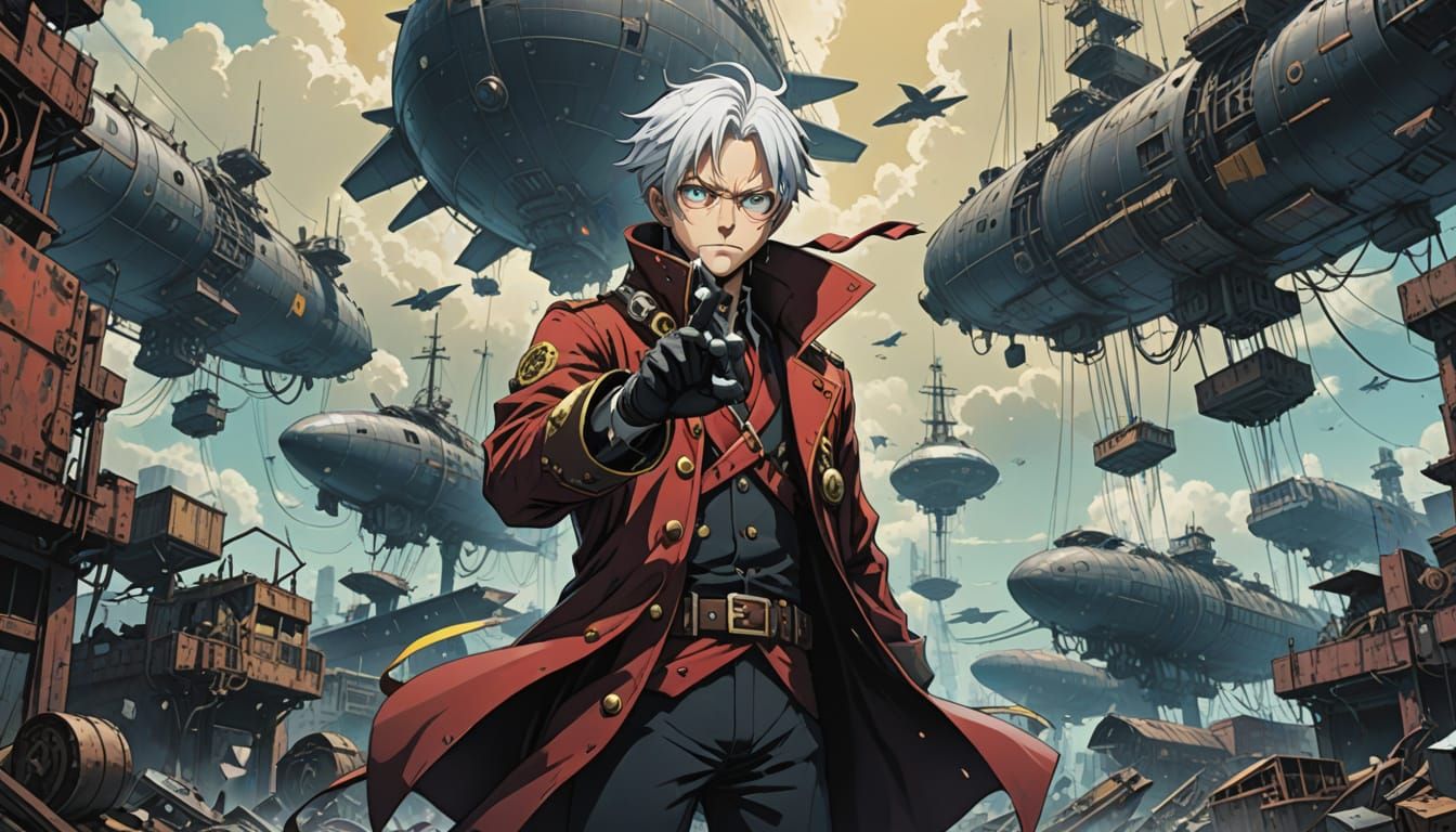Steampunk Boy Amidst Airships in a Vast Junkyard
