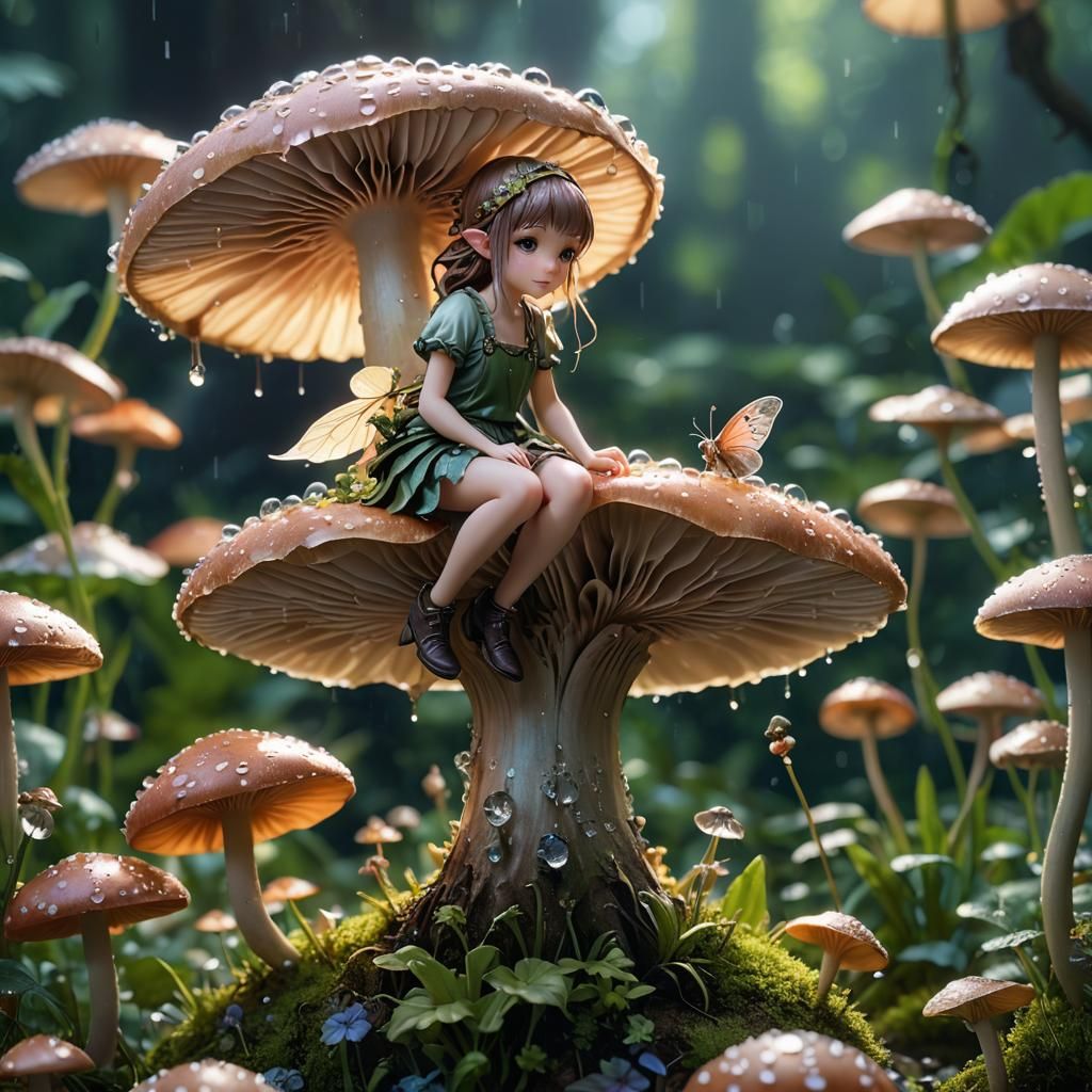 Tiny Fairy on Mushroom: Macro 3D Anime Art