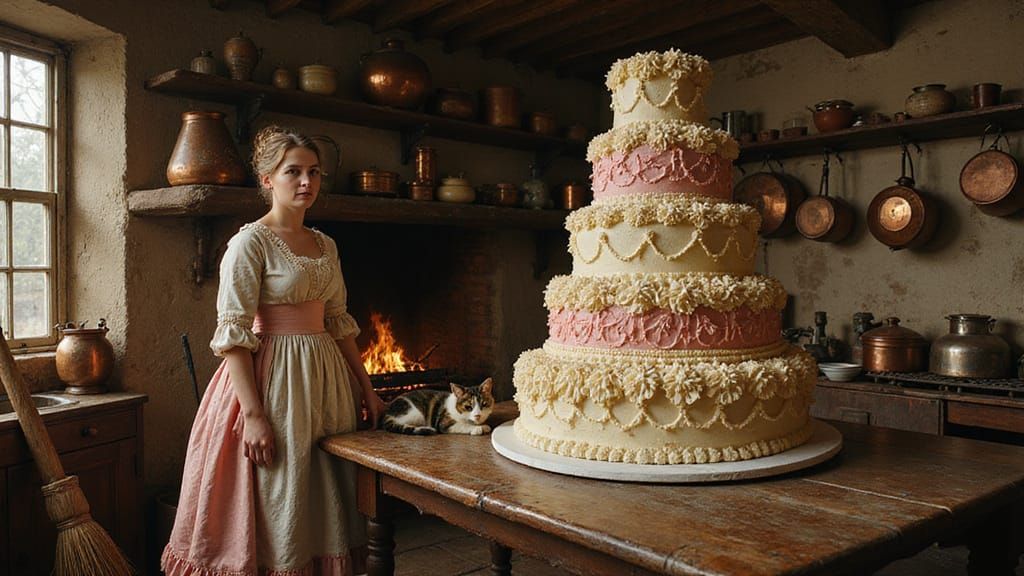 Georgian Kitchen Scene with Giant Cake, Oil Painting Style