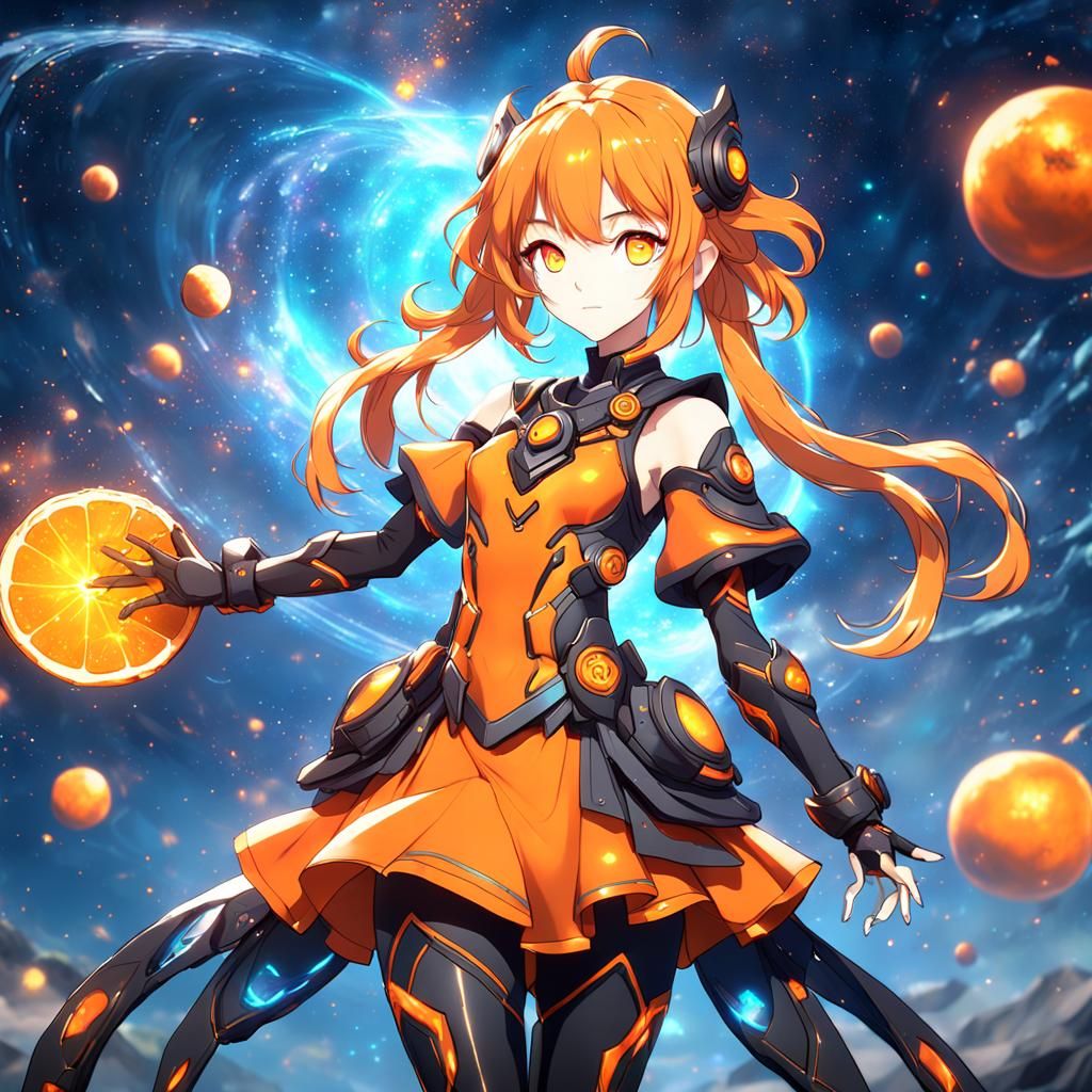 Anime Girl in an Orange Galaxy: Detailed Digital Art