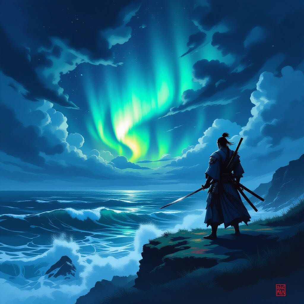 Samurai Warrior on Cliff Overlooking Sea with Aurora Boreali...