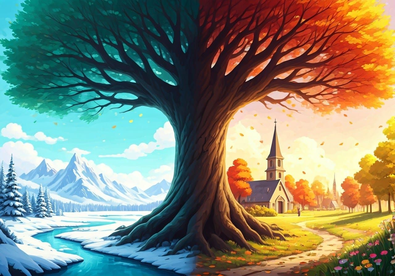 Four Seasons Tree in Whimsical Style