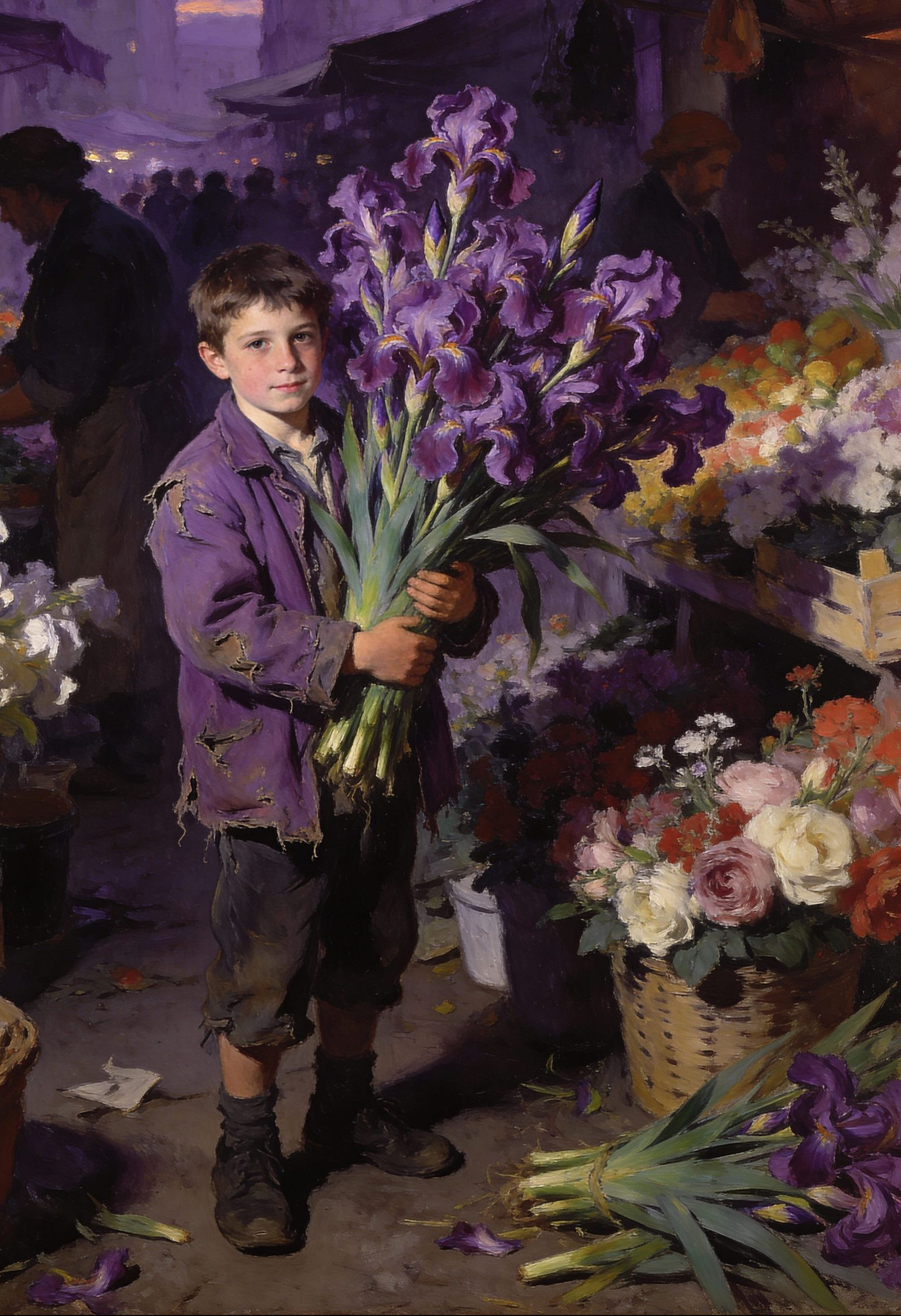 Baroque Italian Flower Market Boy with Purple Irises