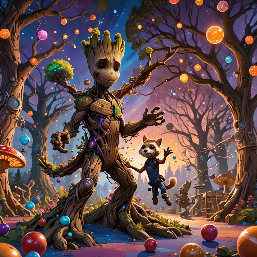 Rocket and Groot Play in Whimsical Playground