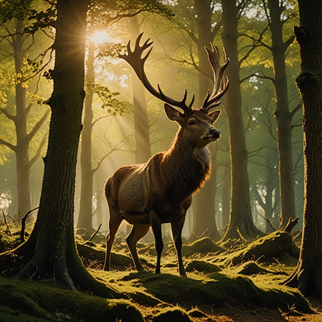 Stag in Forest Glade, Landscape Painting