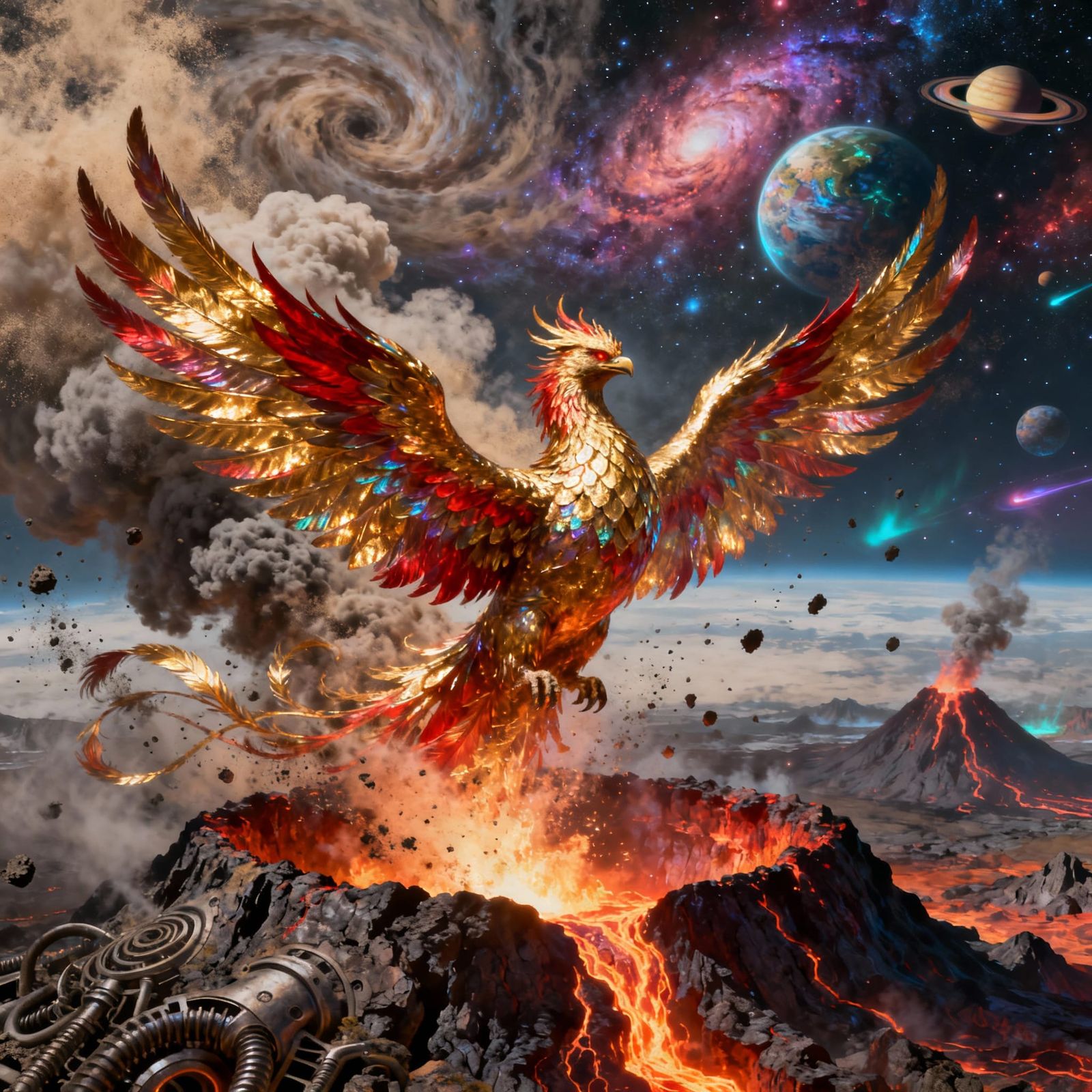 Majestic Phoenix Erupts from Volcanic Caldera in Cosmic Sky