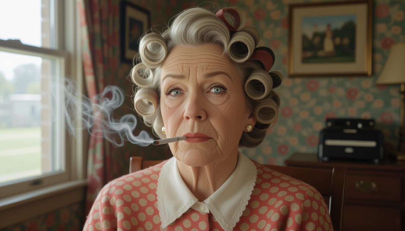 Nora Batty Smoking Portrait with Hair Curlers