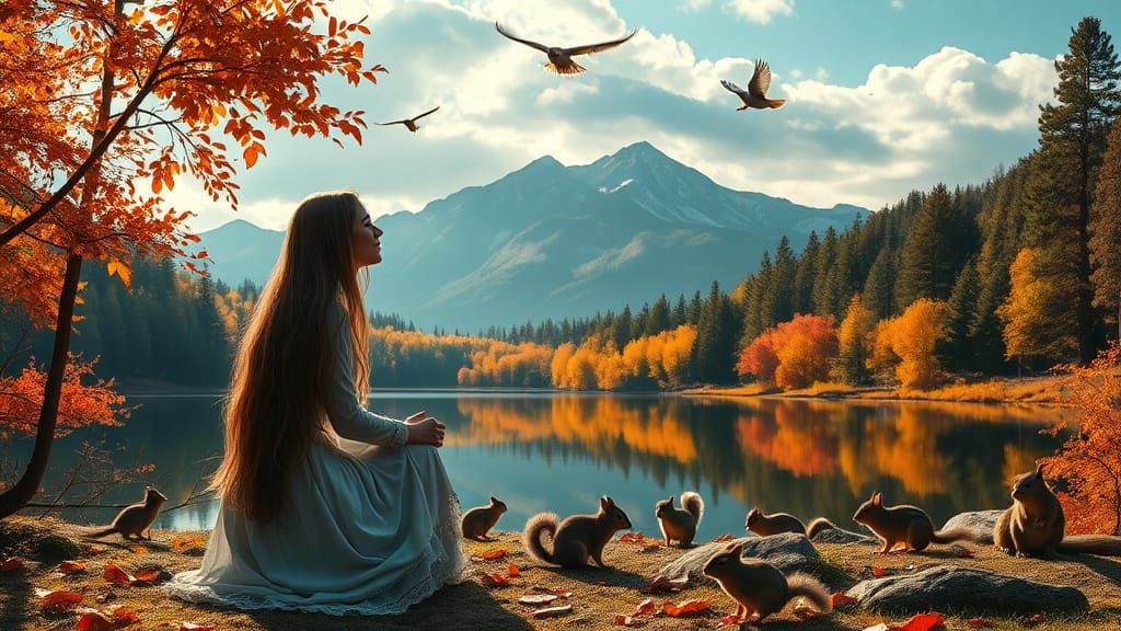 Serene Autumn Scene with Woman and Wildlife in Dreamlike Sty...