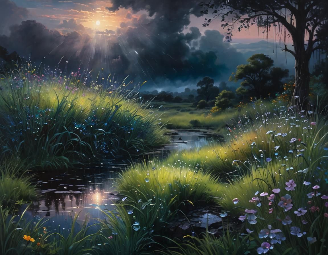 Ancient Well Under Moody Sky in Oil Painting Style