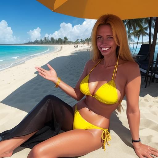 Woman in Golden Bikini on Beach