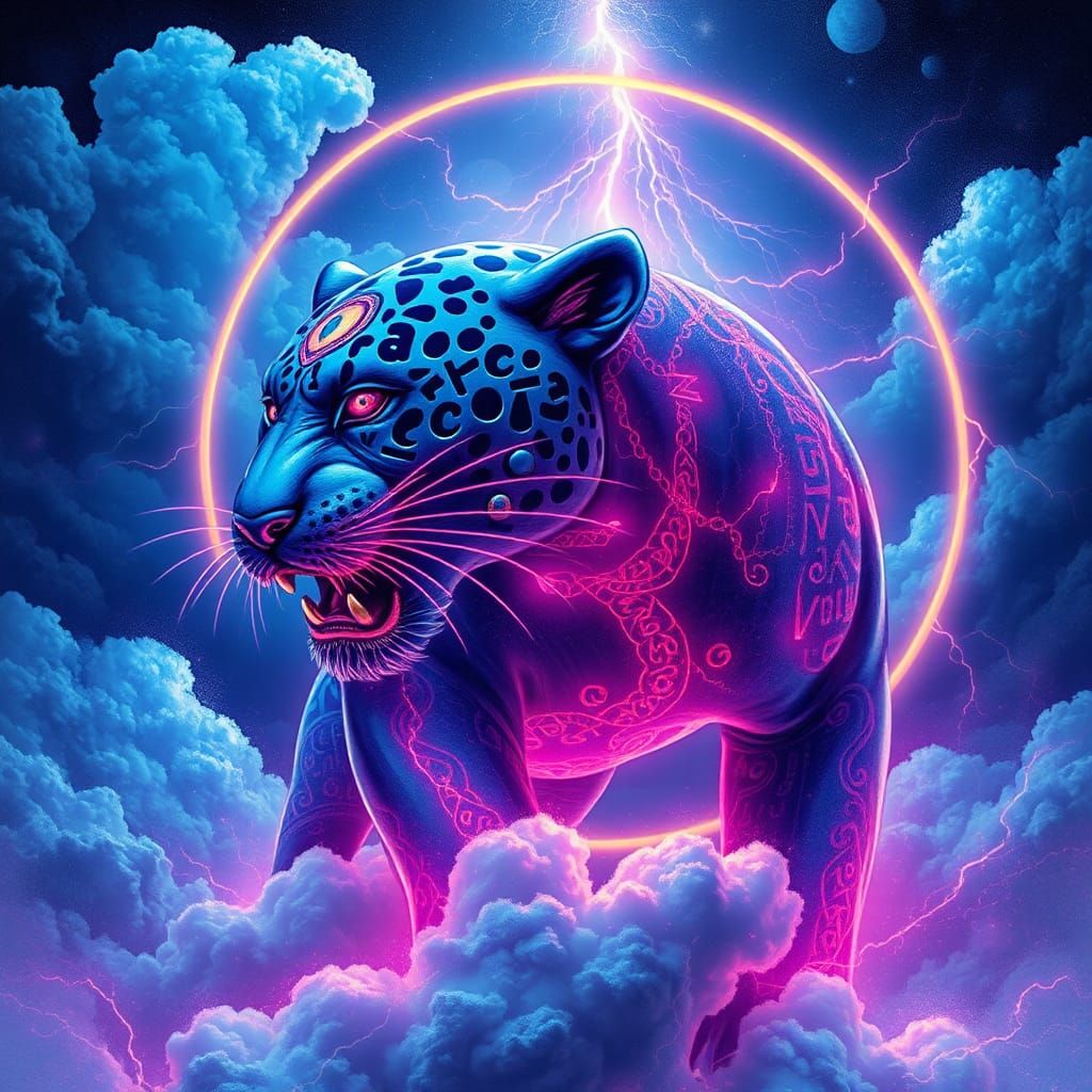 Blue Jaguar Humanoid in Holographic Astral Illustration