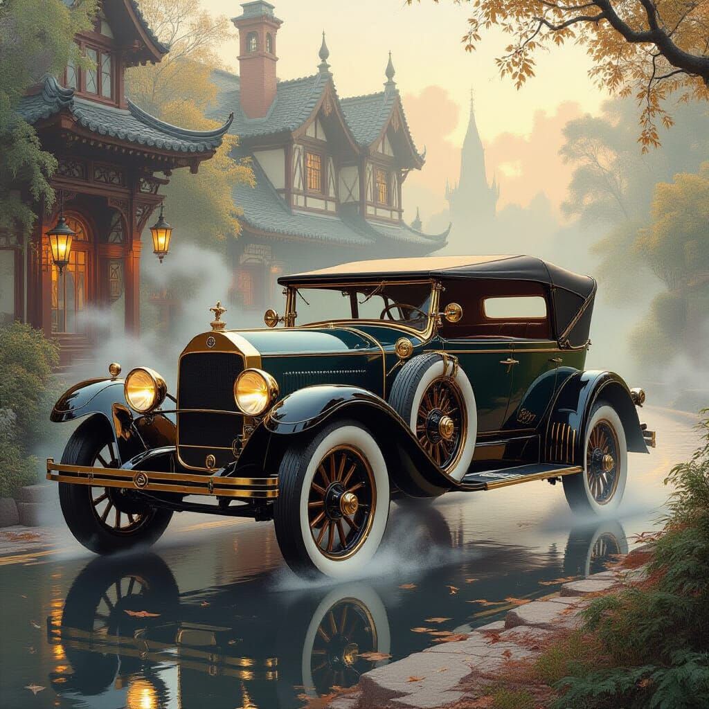 Steampunk Car Transformation in Ethereal Fantasy Setting