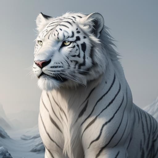 Majestic White Tiger, Leopard, Lion Hybrid in Icy Landscape
