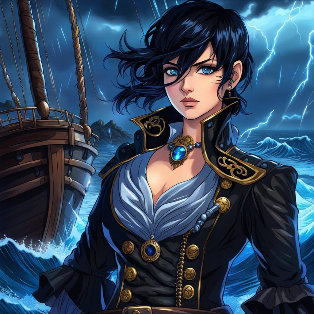 Anime Pirate Woman in Stormy Seas