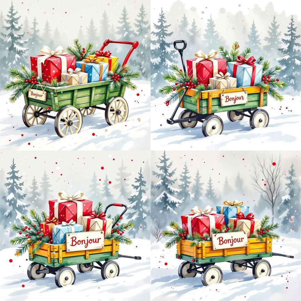 Rustic Toy Wagon Filled With Christmas Gifts in Snowy Forest