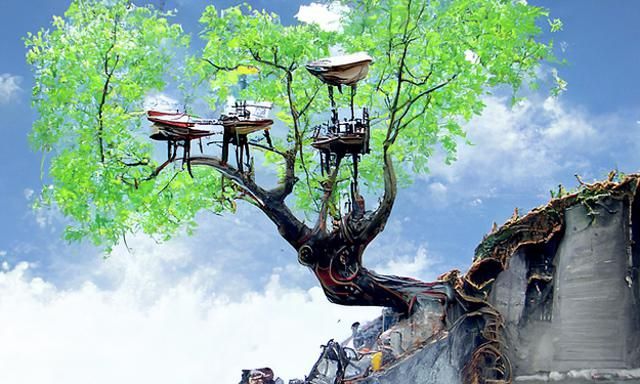 Solar-Punk Restaurant on Giant Tree, Steampunk Art