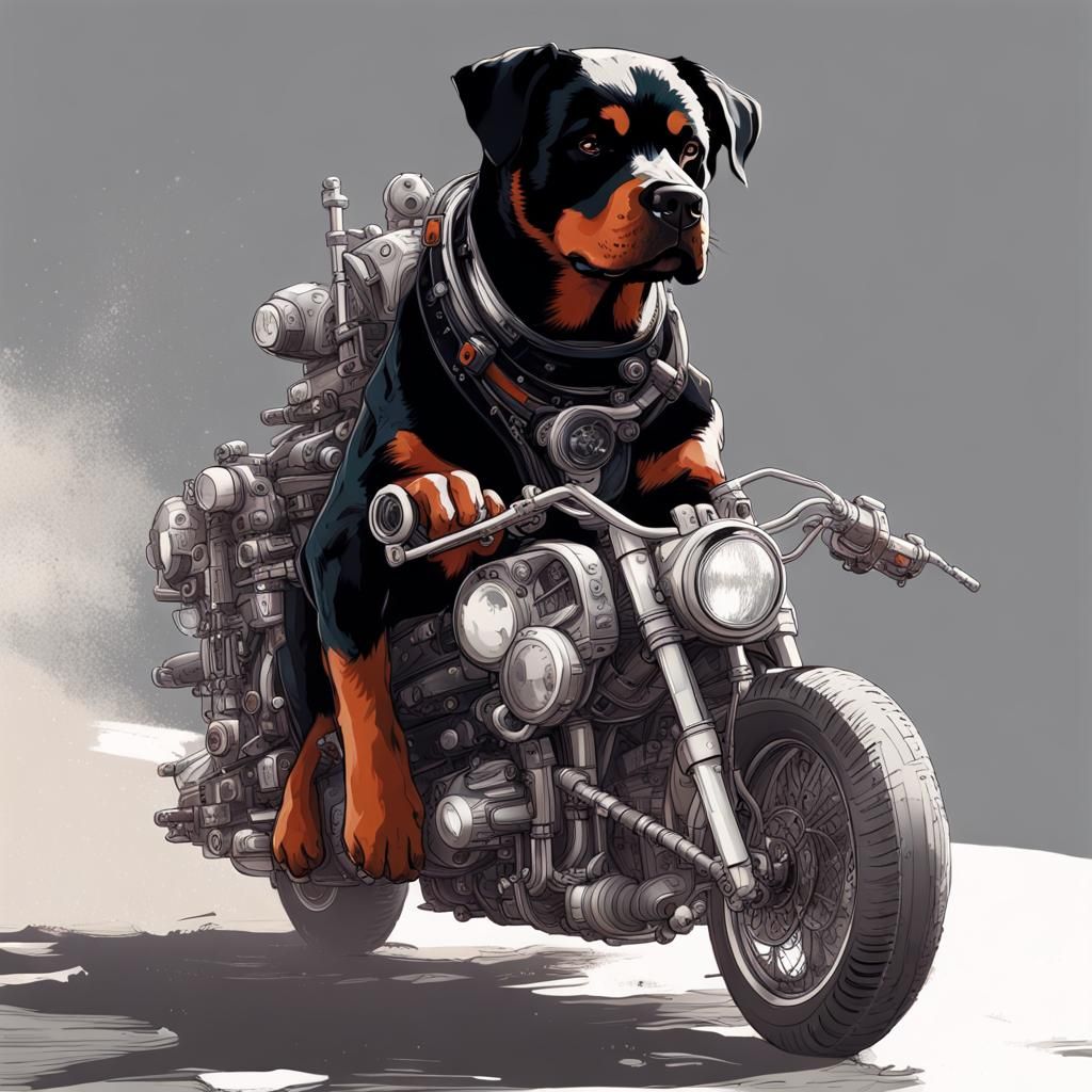 Dieselpunk Rottweiler Rides a Space Motorcycle