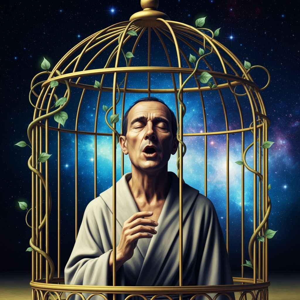 Philosopher Trapped in Luminous Cage Under Starry Sky