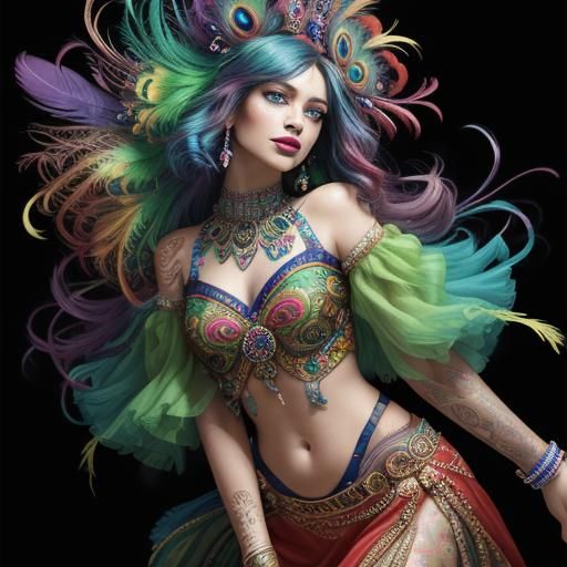 Vibrant Abstract Portrait: Woman with Peacock Feather Hair