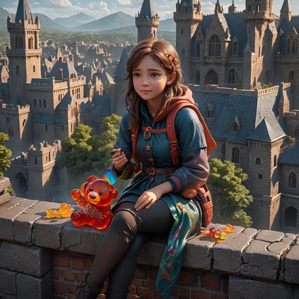 Girl Hugs Gummy Bear: Detailed Matte Painting