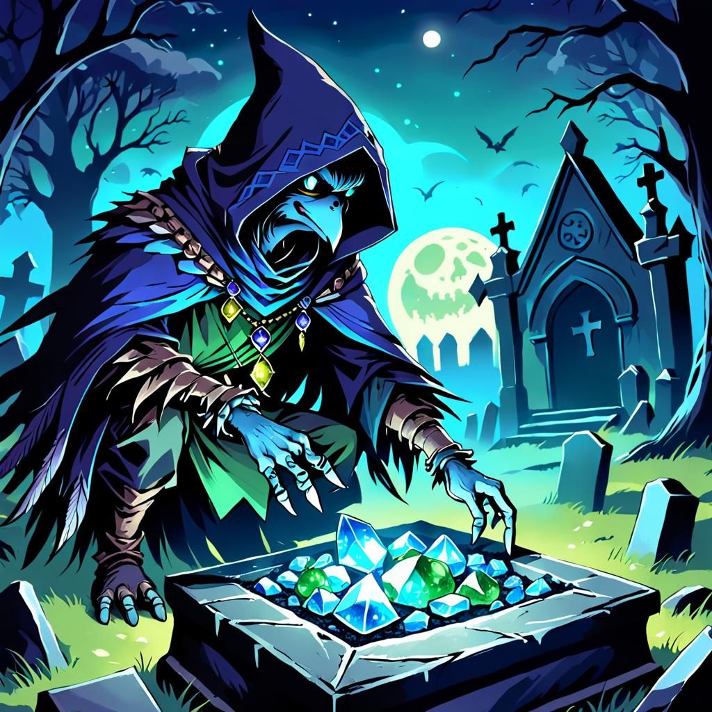Kenku Thief in Moonlit Graveyard: Dark Fantasy Art