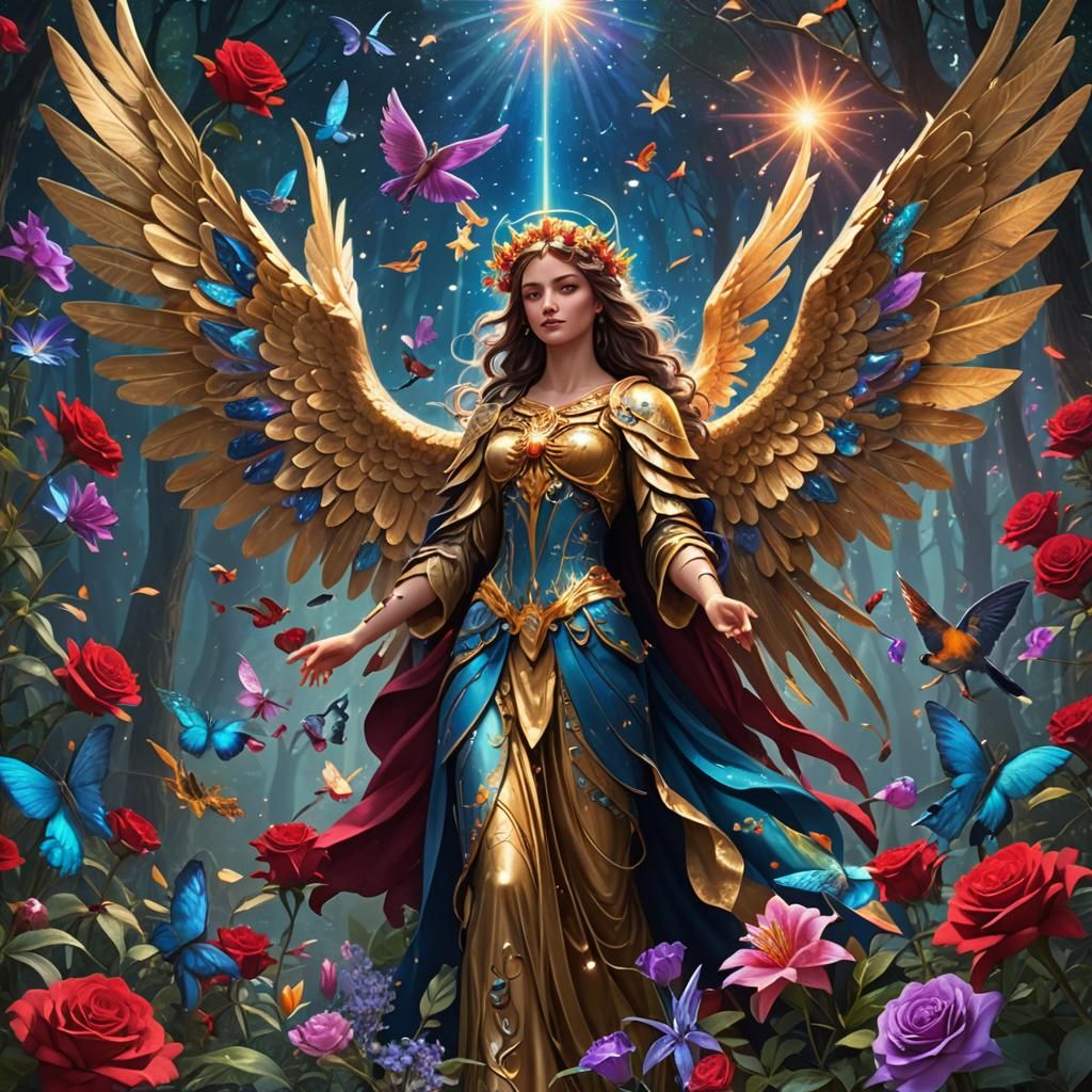 Radiant Angel with Gold Wings in Floral Forest