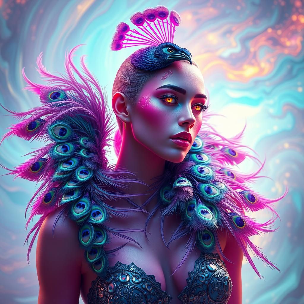 Mystical Woman with Peacock Feathers in Digital Art Style