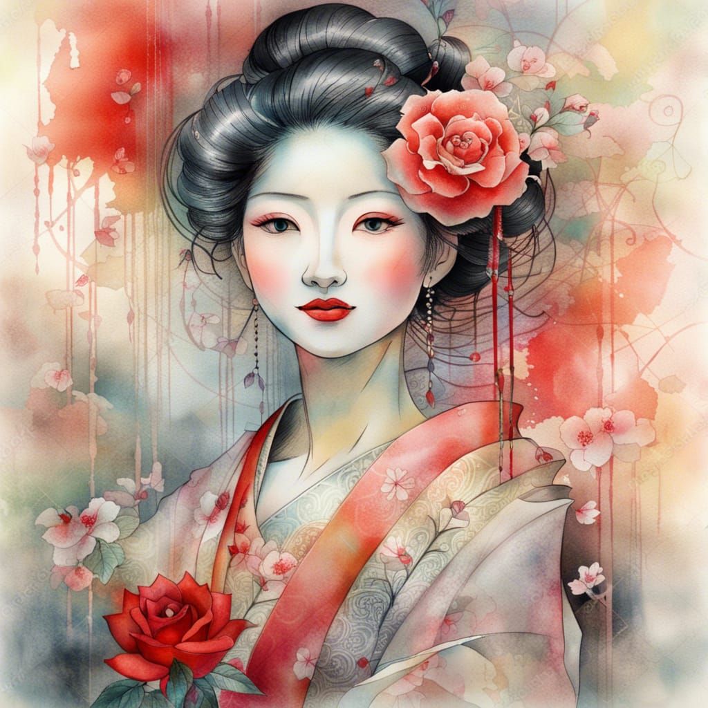 Geisha with Rose in Yoshitaka Amano Style